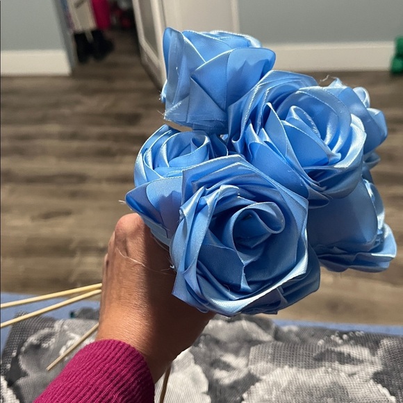 Hand Crafted Other - Elegant Blue Satin Rose Bouquet- 9 roses